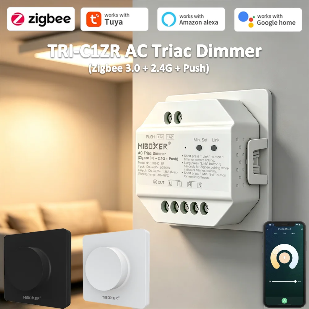 Miboxer Tuya Zigbee AC Triac Dimmer Single Color Controller 2.4G RF Remote Voice Control for Alexa Google Home Smart Life APP
