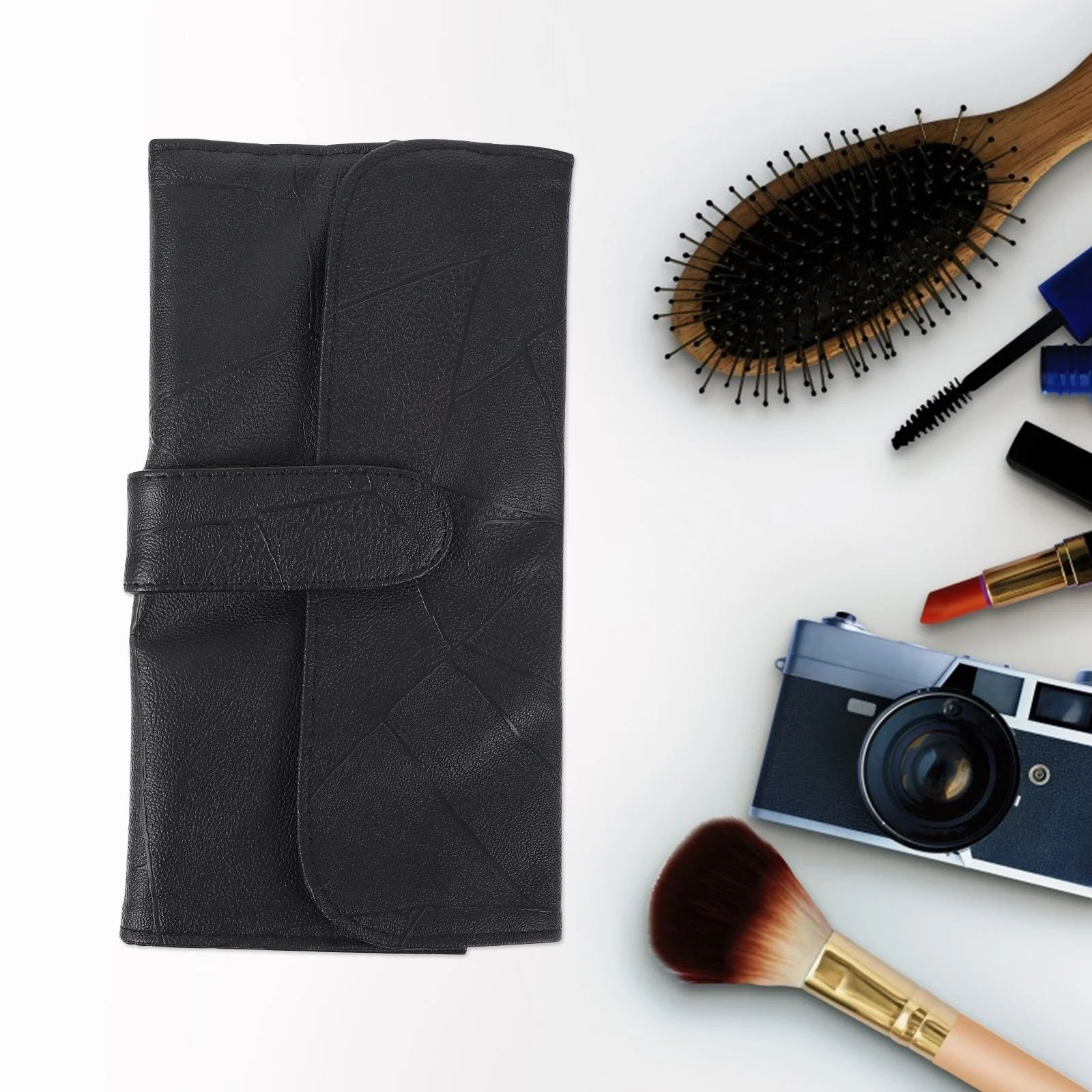 

Large Capacity Makeup Brush Organizer Bag Roll-Up Travel Pouch 12 Slots Black PU Case for Brushes and Beauty