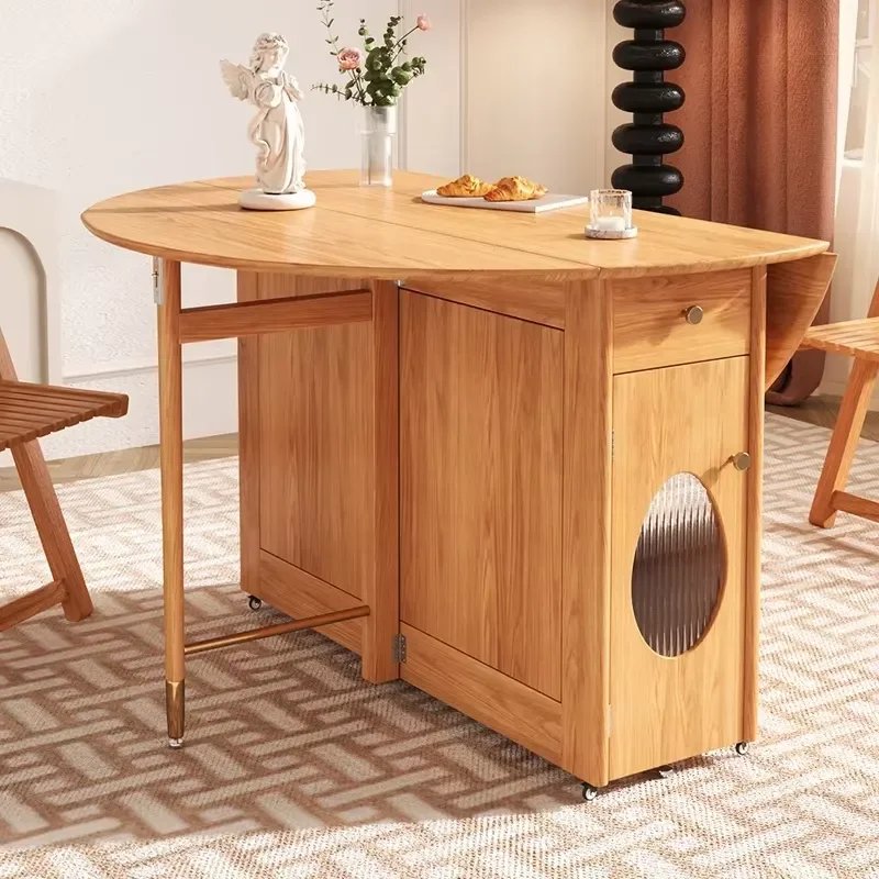 Modern Extendable Round Dining Table Wooden Folding Convertible Coffee Table with Storage Multifunctional Furniture