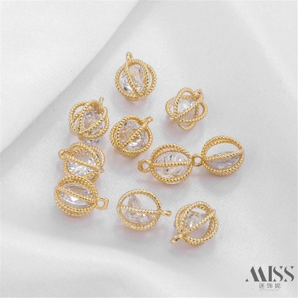 Pendentif boule lanterne en Zircon plaqué or 14K, accessoires creux, pendentif à breloque, chaîne décorative faite à la main, matériel de bijouterie