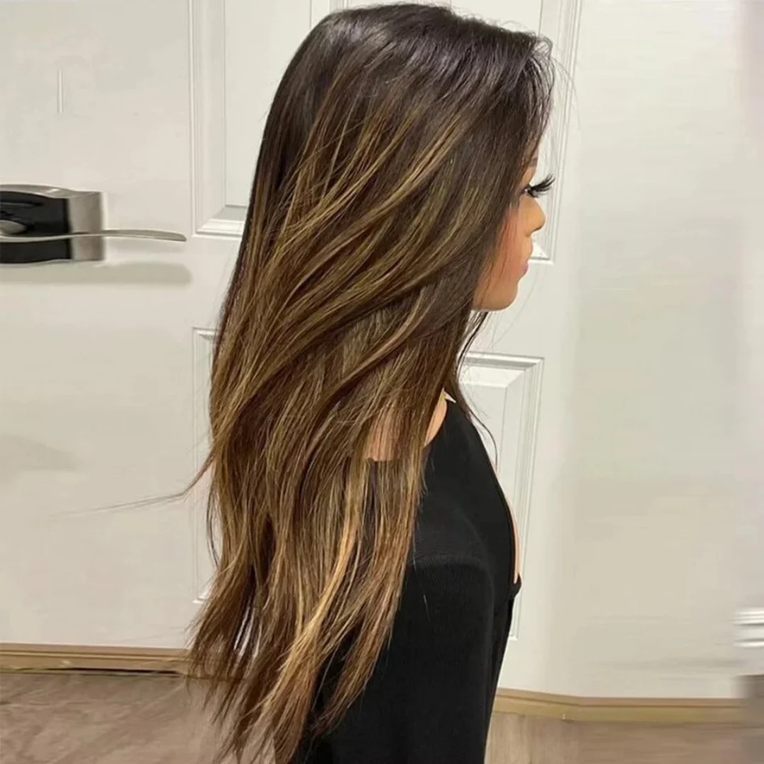 

Эластичный длинный объемный волнистый парик спереди с темными корнями, натуральный шоколадно-коричневый мелирование, HD кружевные парики для женщин, вечерние косплей