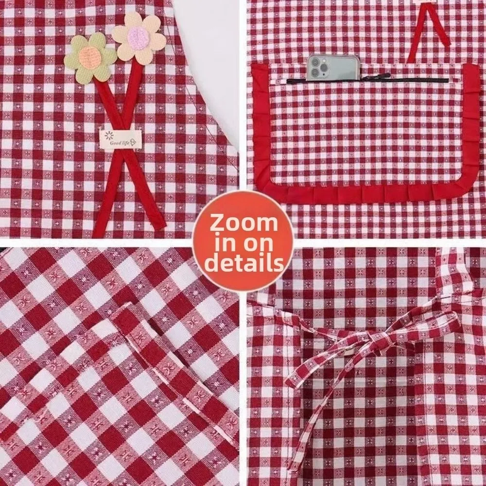 

Anti-fouling Women Long-sleeved Apron Dirt-resistant Breathable Smock Apron Oil-proof Plaid Design Kitchen Cooking Apron
