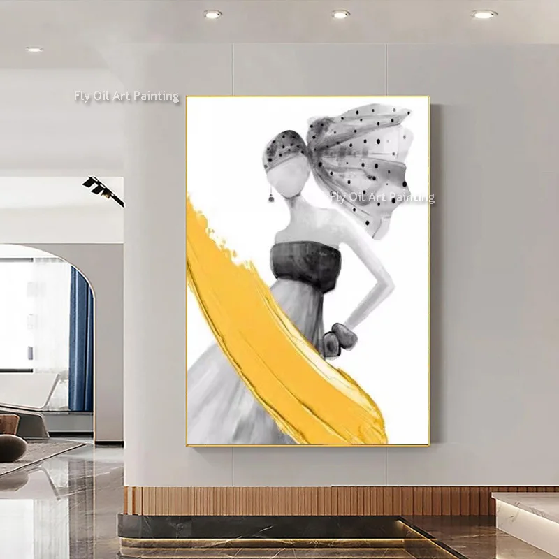 Handpainted Modern Canvas Art Black White Yellow Dancer Silhouette Oil Paintings On Canvas For Home