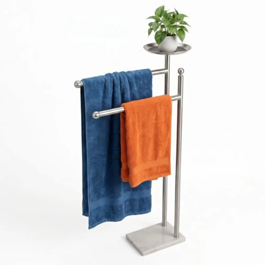 

Bath Towel Rack Stand for Bathroom 2-Tier Towel Holder Stand for Bath Towels Max to 68" and 60" Long Practical Shelf on Top for
