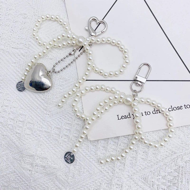 Ins Style Bowknot Pearl Beaded Key Chain Silver Love Phone Chain Headphone Case Pendant CCD Lanyard Charms Bag Decor