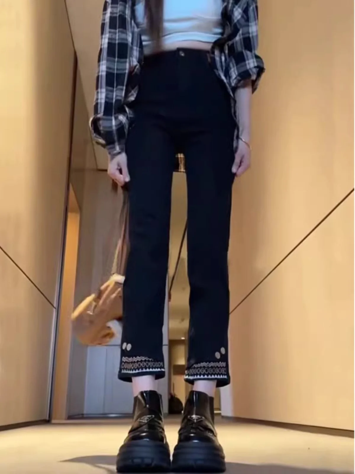 

High Waist Embroidered Straight Leg Jeans Women's plus Size Slimming Nine-Piece Narrow Version e Tube Pants Autumn