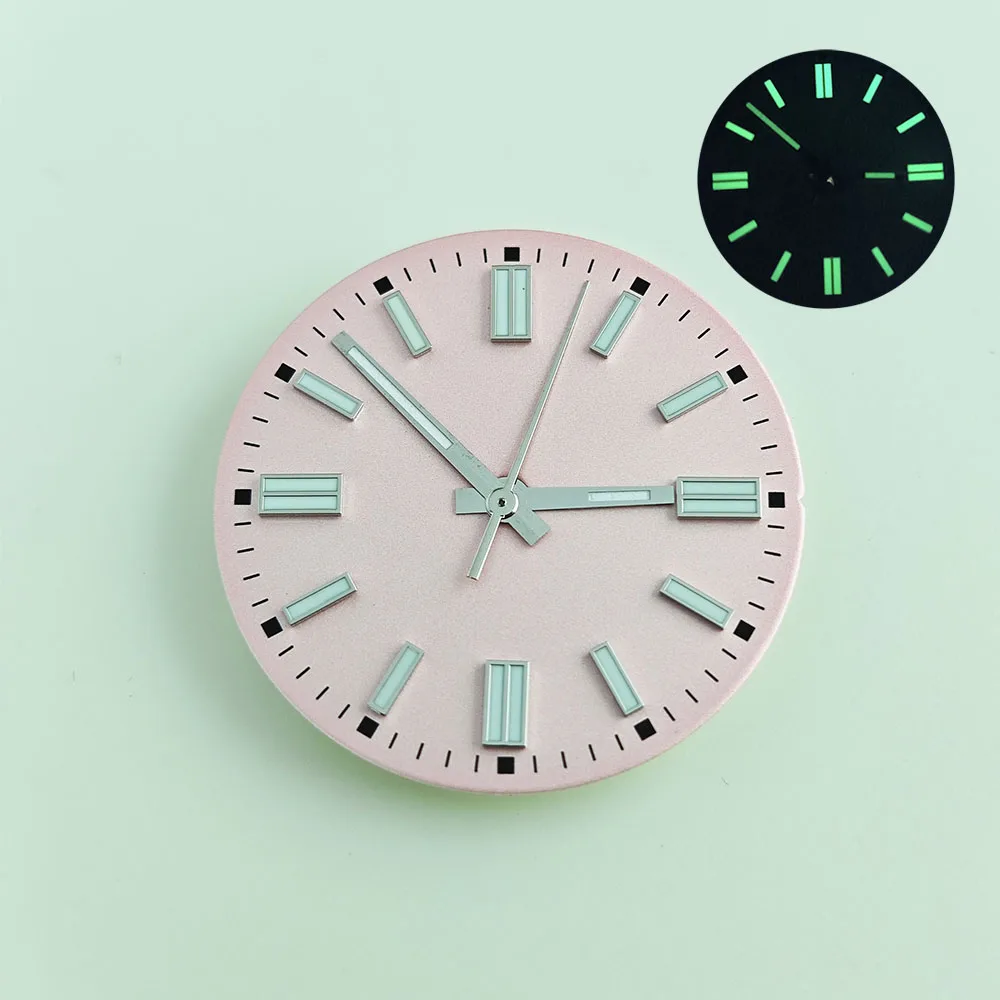 قرص ساعة 28.5 ملم أخضر مضيء، شعار مخصص للساعة بدون واجهة تقويمية، يمكن أن يكون سلسلة N 35 ملحقات أخرى