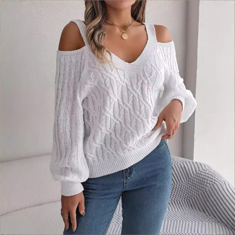 Autumn And Winter Casual Solid Color Square Neck Fried Dough Twists Off Shoulder Lantern Sleeve Sweater Women's Loose Pullover