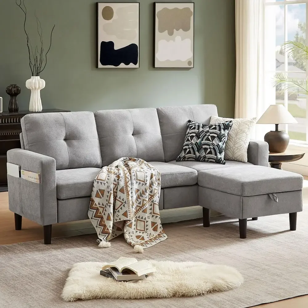 

Convertible Sectional Sofa, Small L Shaped 3 Seat Couch with Storage Chaise and Side Pocket, Modern Linen Fabric Reversible Sof