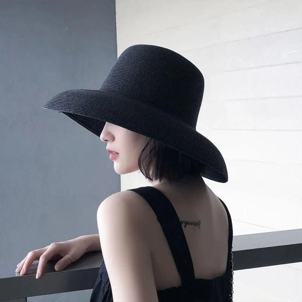 Summer Sun Hats Ladies Solid Plain Elegant Wide Brim Hat Female Round Top Panama Floppy Straw Hat Hepburn Beach Hat