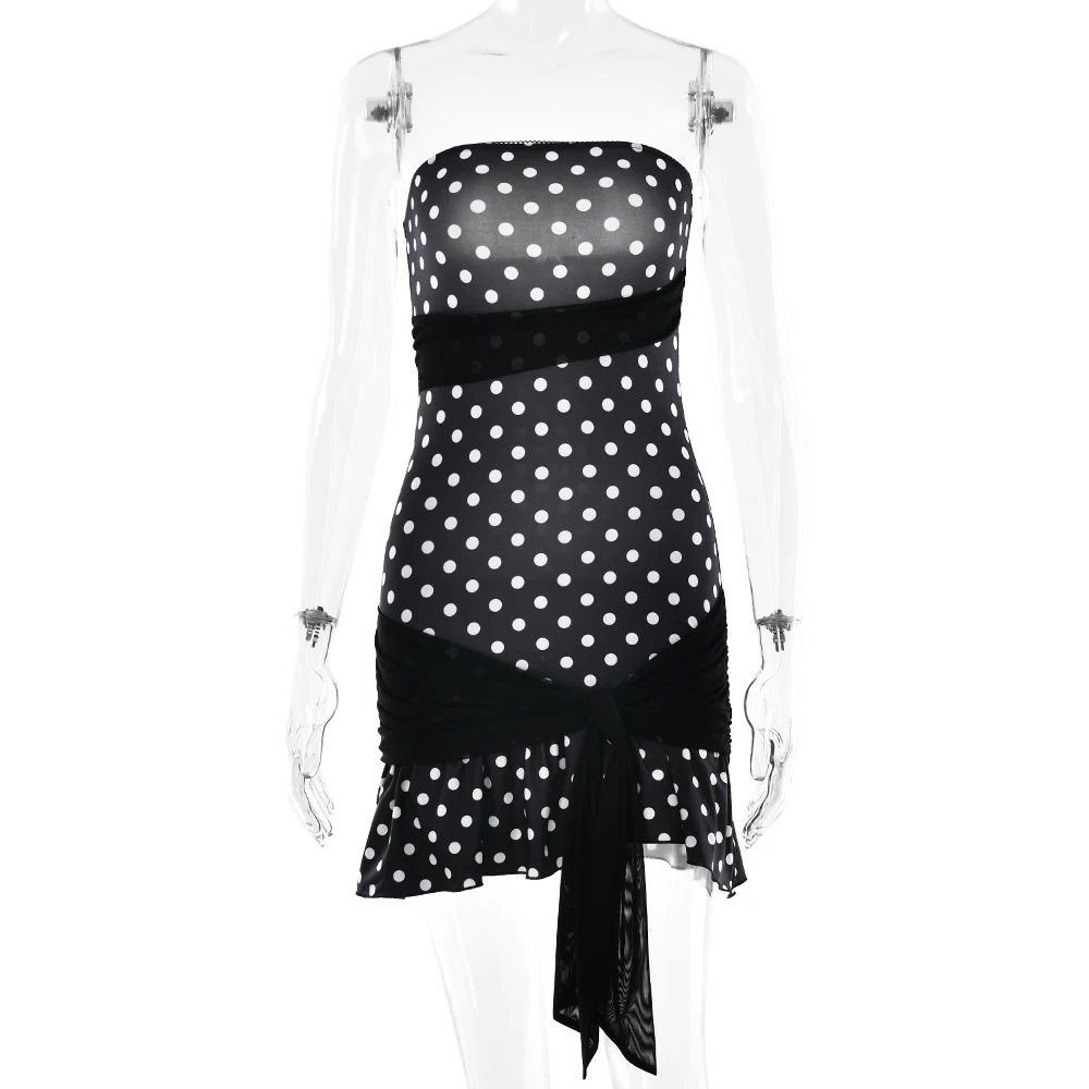 XIAOTANG Elegant Strapless Mesh Patchwork Tie Mini Dress Women Sexy Backless Tight Polka Dot Dresses Club Partywear Holiday 2025