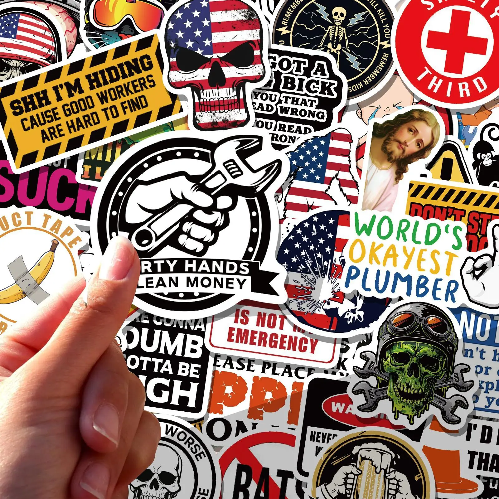 100 قطعة من ملصقات القبعة الصلبة المضحكة للبالغين، صندوق الأدوات، الخوذة، ملصقات الياقة الزرقاء، ملصق فينيل مقاوم للماء