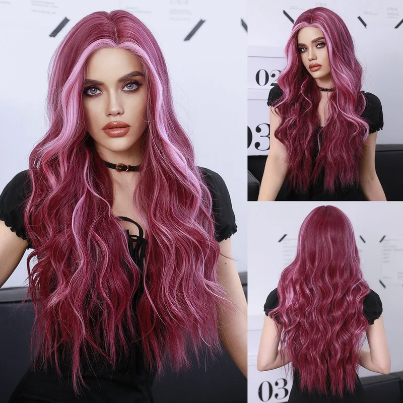 Small lace starry purple highlights wavy long curly synthetic wig full head cover