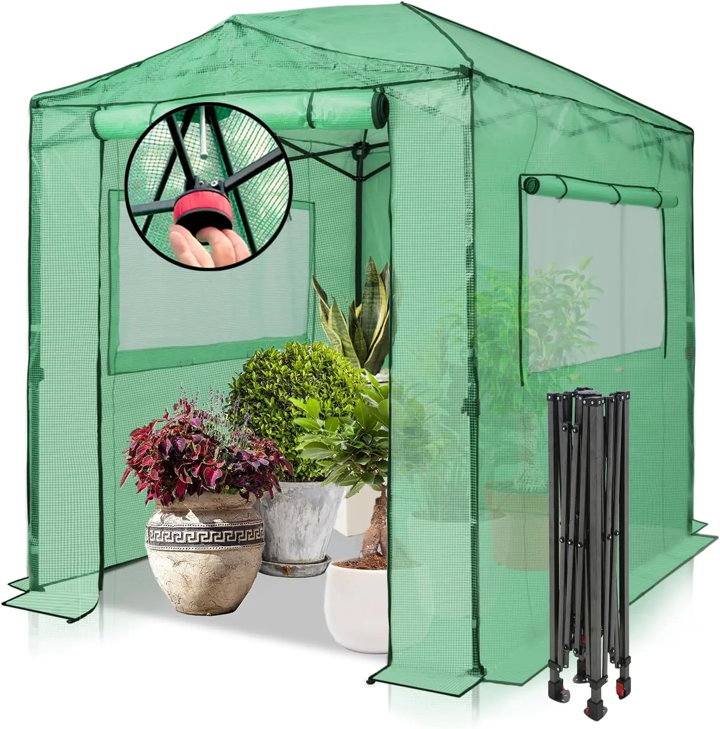 8x6 Portable Walk in Greenhouse, Pop Up Indoor Outdoor Greenhouse, Green House Kit with Zippered Roll-Up Doors and Windows, PE C