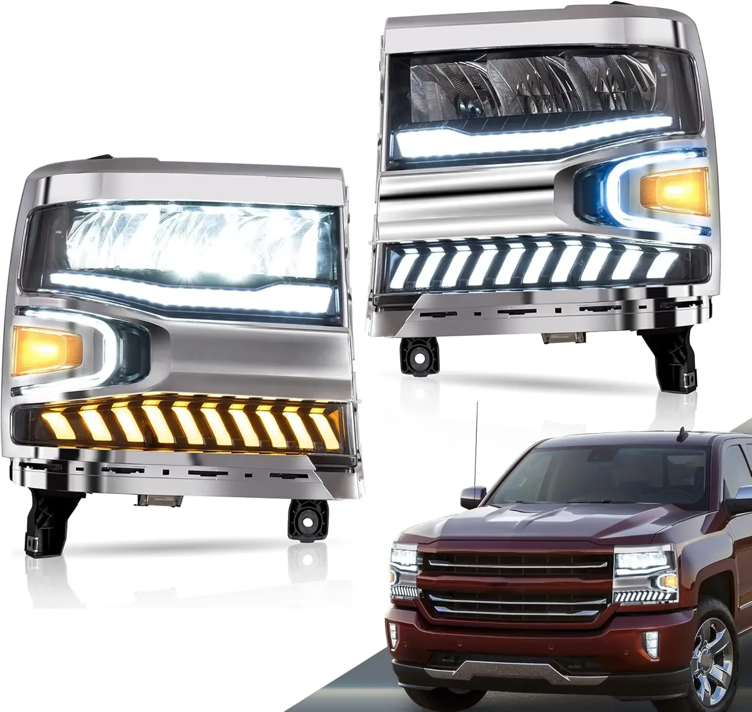 LED Headlights Compatible with Chevy Silverado 1500 2016-2018 (Not Fit Factory LED Models) Front Lamp w/Reflective Bowl w/