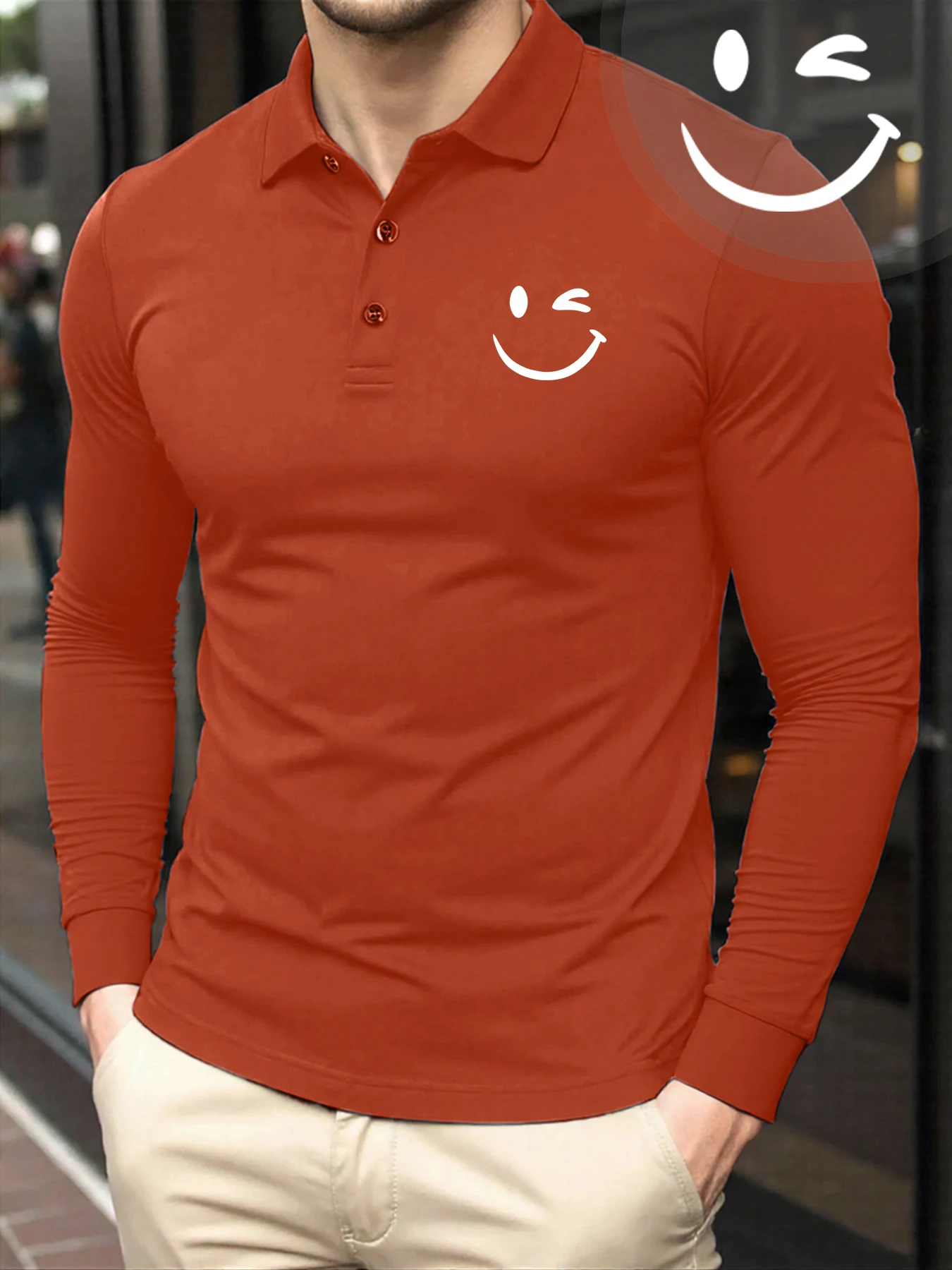 Happy Expression Printing Fashion Polo Shirt Men Autumn All-Match T Shirts Trendy Turn-Down Collar Top Soft Button Streetwear
