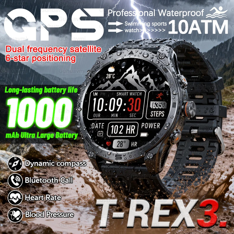 T-Rex 3 العسكرية الصف GPS ساعة ذكية 1000mAh بطارية 10ATM مقاوم للماء بلوتوث دعوة AMOLED HD الرجال الرياضة Smartwatch 2025 جديد