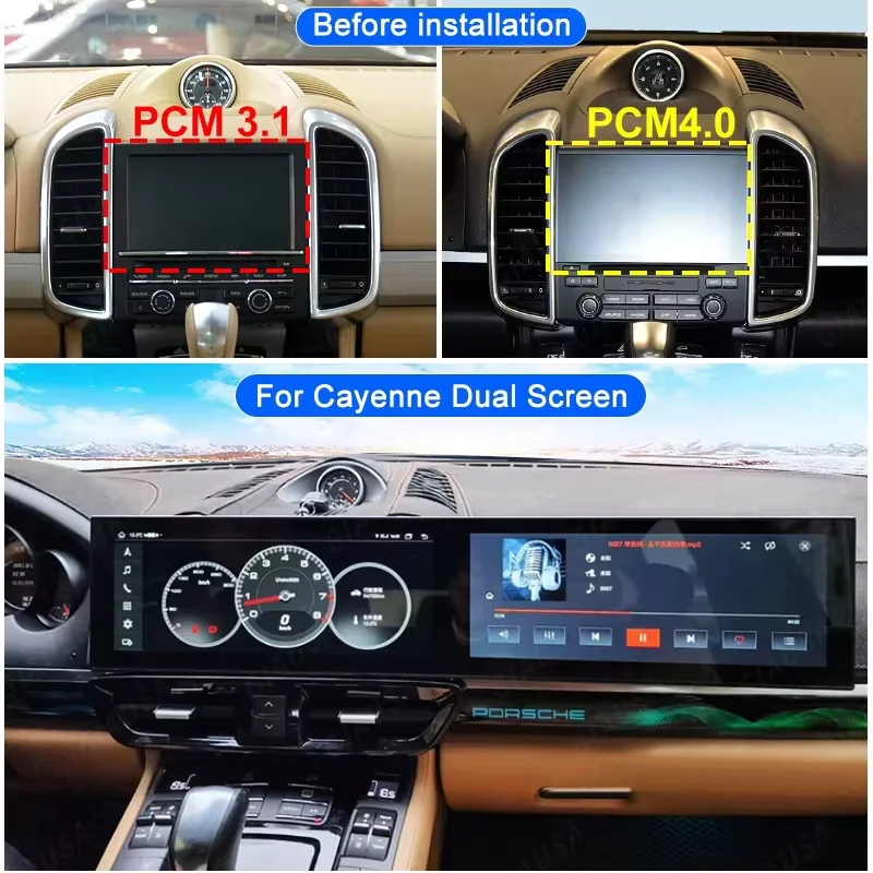 Android 14 CarPlay For Porsche Cayenne 2011-2017 Upgraded Interactive Dual Screen 12.3 Inch+12.3Inch Multimedia Video Player DSP