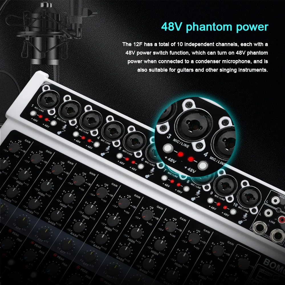 جهاز مزج الصوت الاحترافي BOMGE ذو 12 قناة، RCA، مقبس ميكروفون XLR، طاقة 48 فولت، 99 DSP للمحترفين والمبتدئين #4