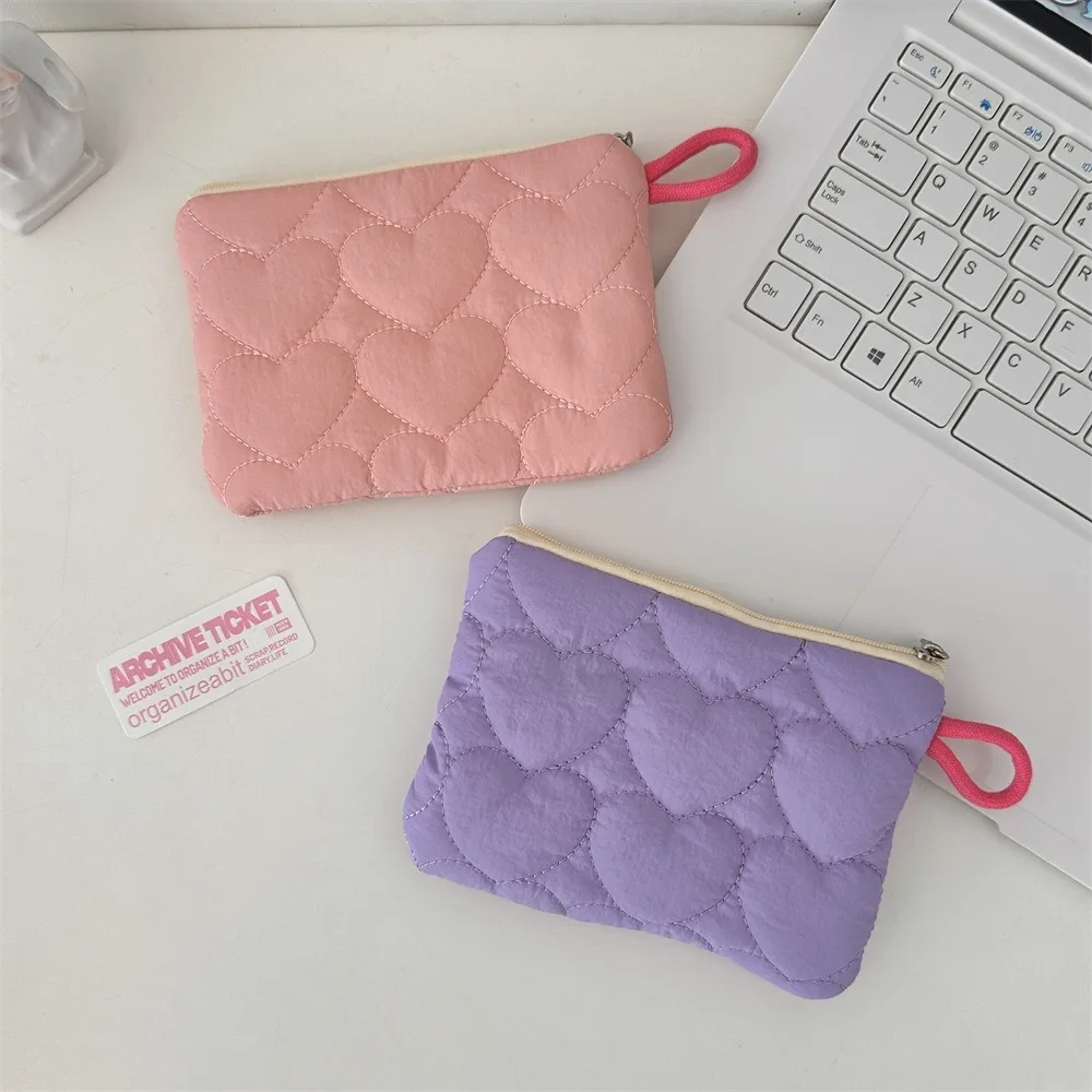 Portable Quilted Coin Purse Candy Color Heart Mini Clutch Bags Lightweight Female Handbags