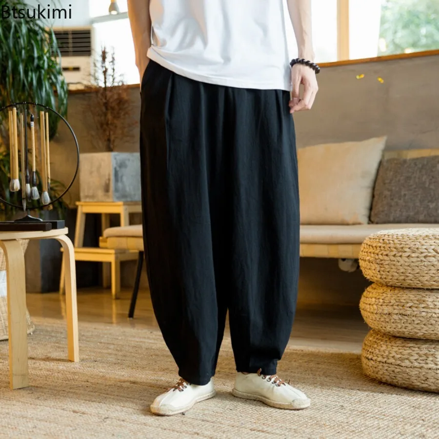 Chinese Style Cotton Linen Harem Pants Summer New Men's Baggy Casual Wide Leg Jogger Trousers Vintage Drawstring Sweatpants Male