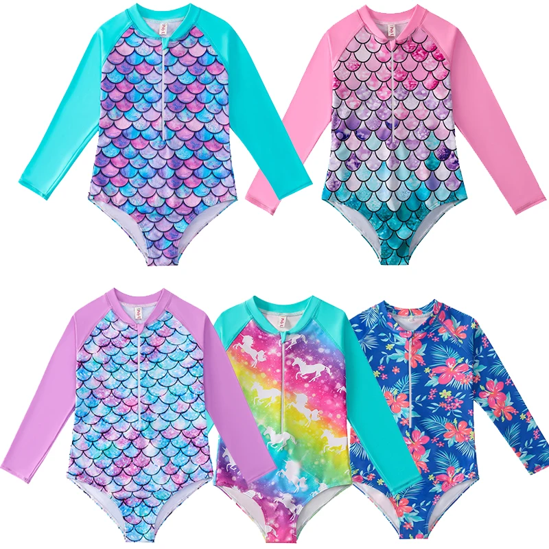 

Children's Swimsuits Summer Girls Long Sleeves Mermaid Print One-piece Swimsuit 2-10Years Kids Sun-proof Surf Suits Quick Drying