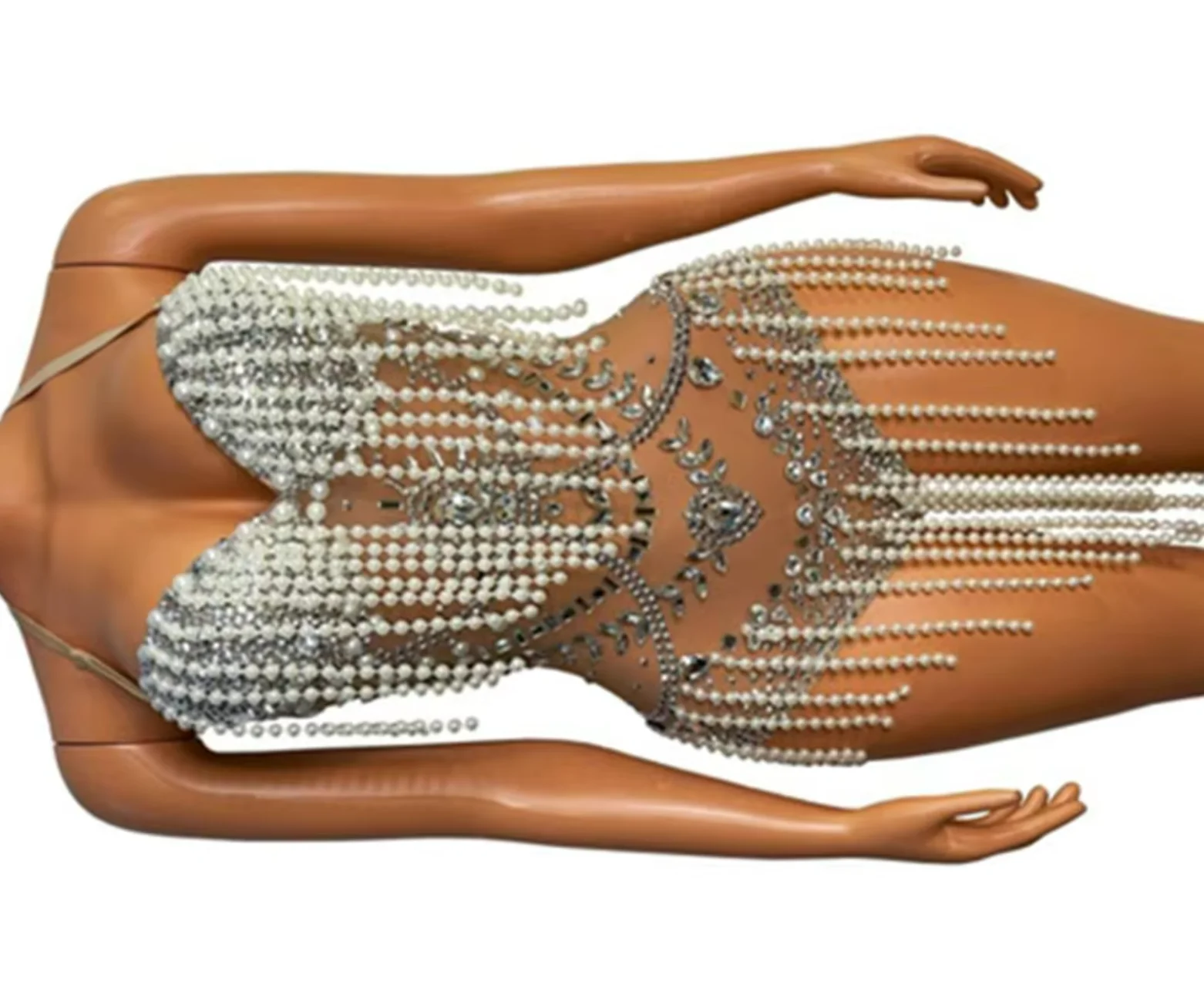 

See Through Birthday Evening Celebrate Outfit Sparkly Silver Rhinestones Pearls Fringes Bodysuit Party Dance Female Singer Show