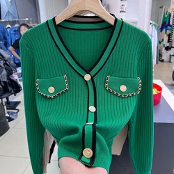 Suéter de punto elegante para mujer, cárdigan de manga larga con cuello en V, Tops elegantes Vintage ajustados para primavera 2023