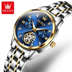 OLEVS-Relógio mecânico de luxo feminino, relógio de pulso automático, impermeável, luminoso, pulseira de aço, turbilhão, marca superior, senhoras