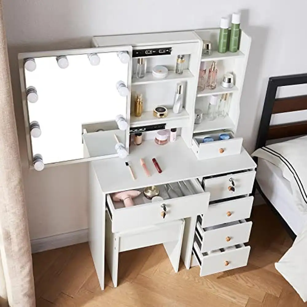 LED Lighted Mirror Makeup Vanity Table Dresser Set with Chest Storage & 3 Color Modes Modern Design Bedroom or Dressing Area