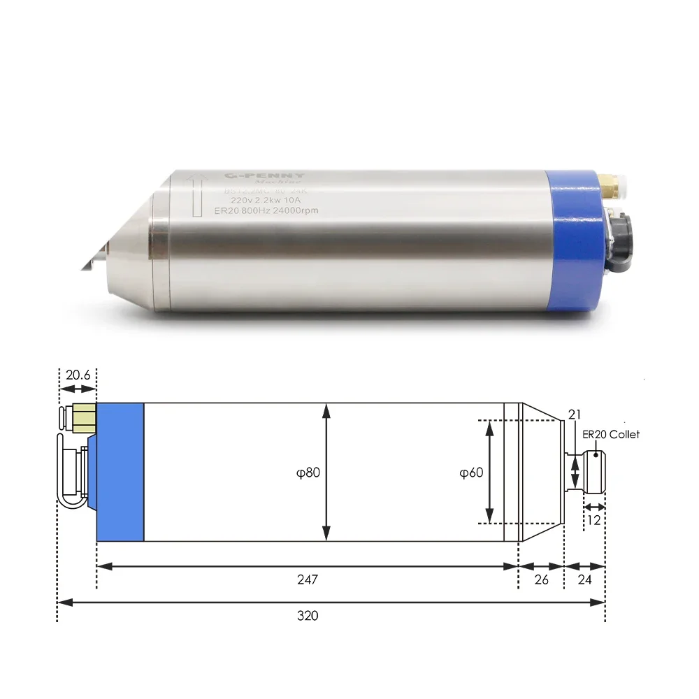 2.2kw ER20 Metal Spindle Water Cooled Spindle Motor 800Hz Pole=4 D=80mm 6000-12000rpm for copper,iron,stainless steel