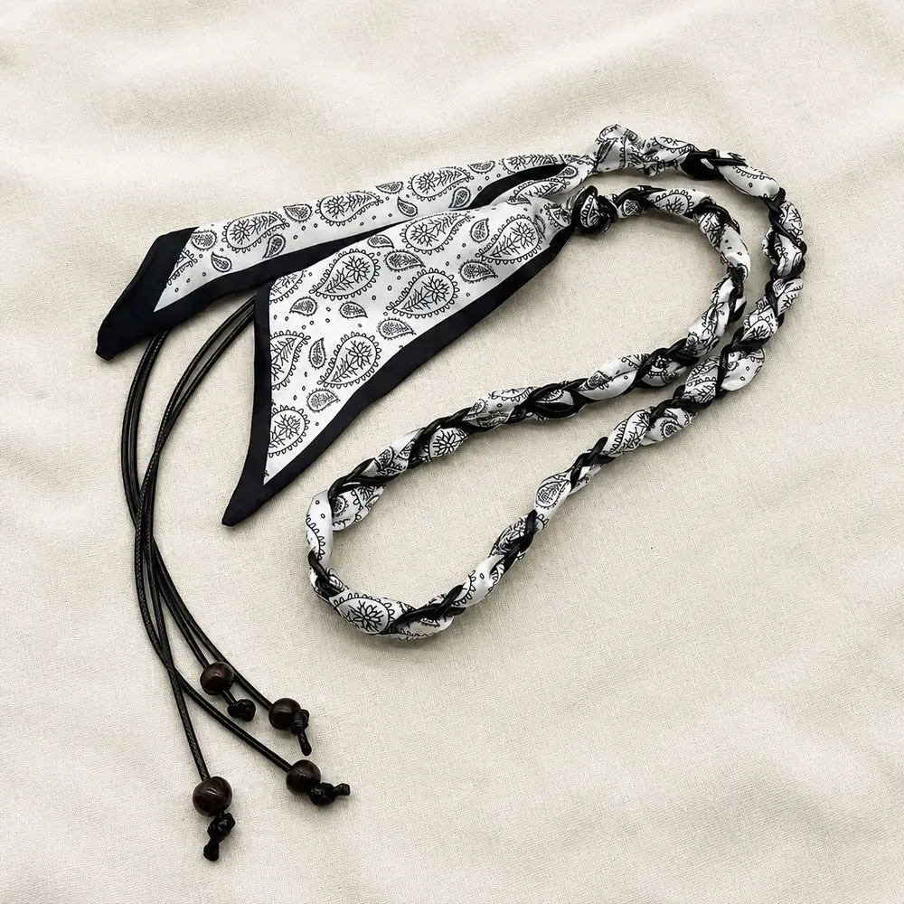 Vintage Paisley Scarf Cord Waist Chain Women Braided Tie Belt Black White Coffee Cream Dress Jeans Trousers Fashion Accessory