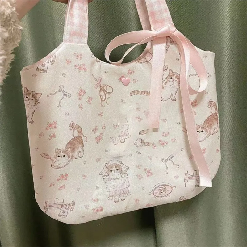 

JIAERDI Fairy Core Floral Cat Print Shoulder Bags Y2k Women Harajuku Bow Canvas Bag Female Underarm Bag Purse Bolsos De Mujer