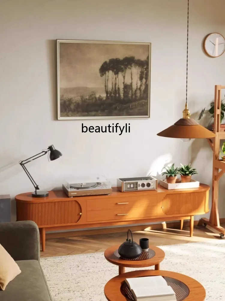 Nordic Solid Wood TV Cabinet Small Apartment Living Room Creative Shutter Door Audiovisual Cabinet Simple Wall Storage Cabinet