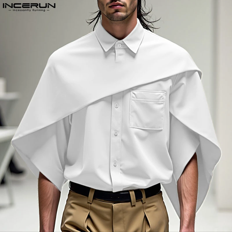 INCERUN Men Irregular Shirt Solid Color Lapel Short Sleeve Cape Shirts Men Streetwear 2025 Loose Fashion Men Clothing Tops S-5XL