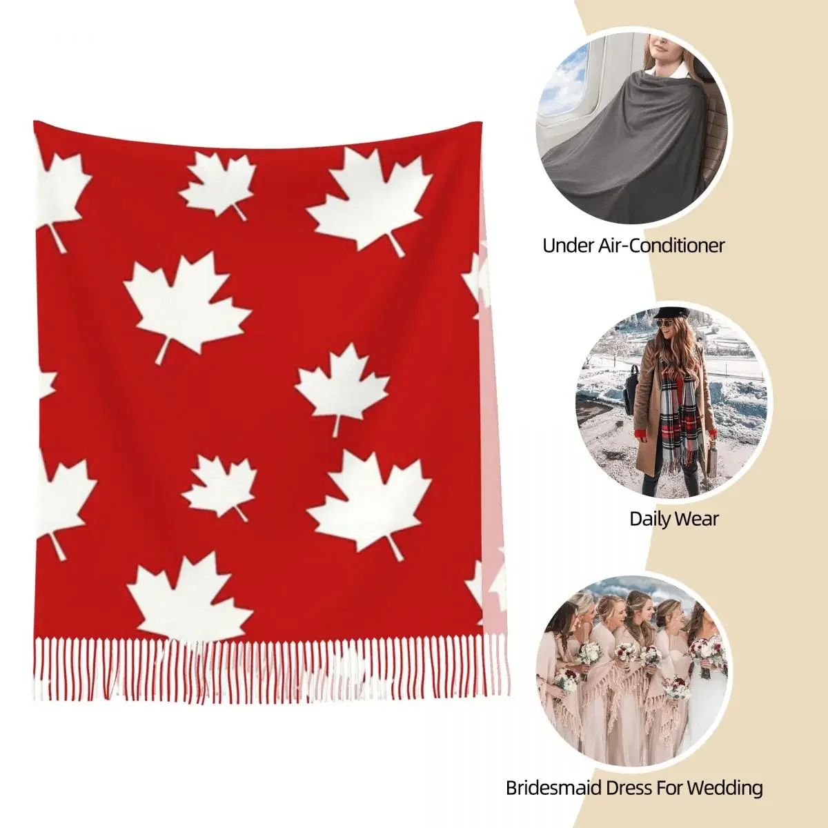 

Канада Кленовый лист Флаг Узор Красный Белый Флаг Канады Шарф Шарфы с кисточками Женские шали и накидки Длинная осенне-зимняя шаль
