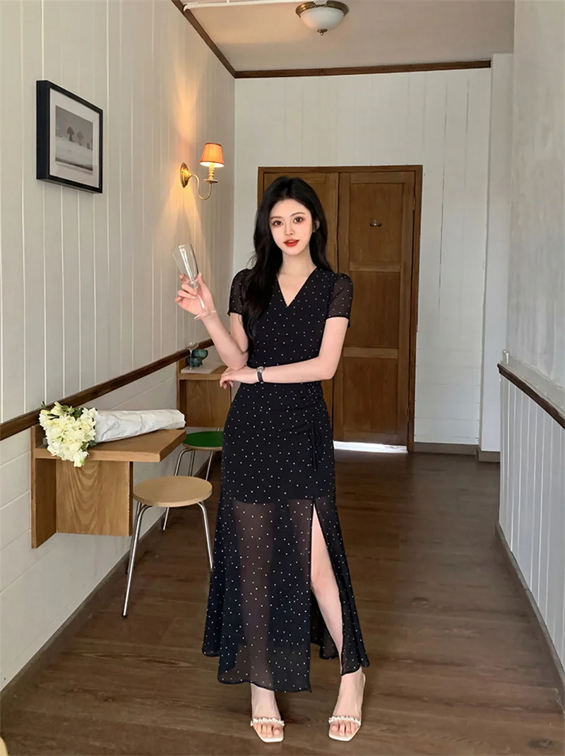 YZJNH Summer 2026 plus size dress women black long dress French polka dot drawstring V-neck short sleeved dress women