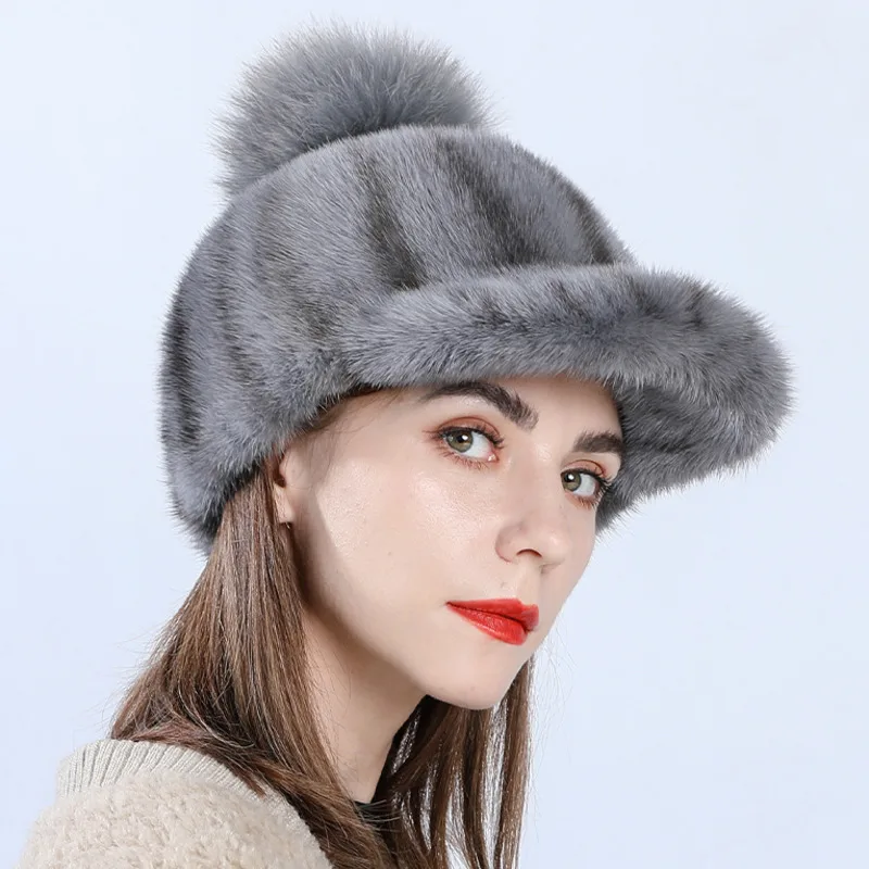 

Real Mink Fur Hat For Women Winter Luxury Handmade Knit Fashion Fur Hats With Fur Ball Outdoor Thickened Fur Hat Black Fur Caps