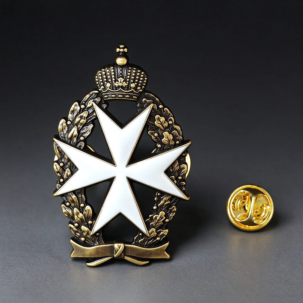 Maltese Cross Crown Wreath Brooch White Enamel Knight Order Badge Vintage Bronze Medal Pin for Uniform Cosplay Collection