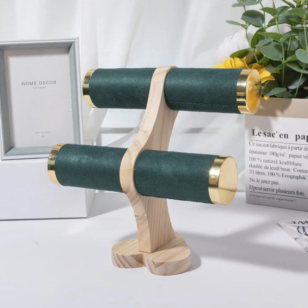 Modieus Dubbellaags Massief Houten Displayrek Voor Dames Armband Staat Donkergroen Sieradenrek