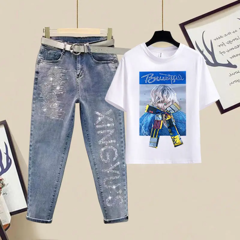 Spring and Summer New Korean Loose Print Letter Versatile Casual Short Sleeved T-shirt and Jeans Two Piece Set for Women