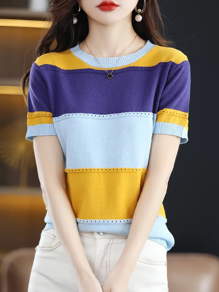 TuangBiang 2023 Eyelet Biue Pink Striped Cotton Knitting T-Shirts Hollow Out Women Short Sleeve Pullovers Elastic Patchwork Tops