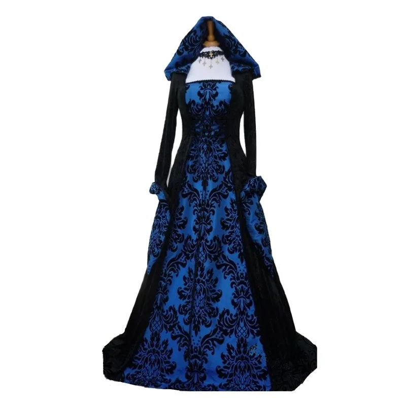 

Women Vintage Lolita Dress S-5XL Medieval Hooded Big Swing Printed Long Sleeve Gown Retro Outfit Dinner Party Wear Costume