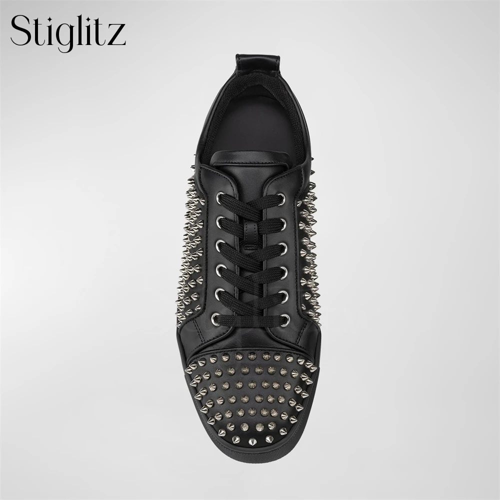 Black Matte Leather Rivet Sneakers Fantasy Colors Yellow Patent Leather Studded Shoes Men's Fashion Designer Style Lace-Up Flats