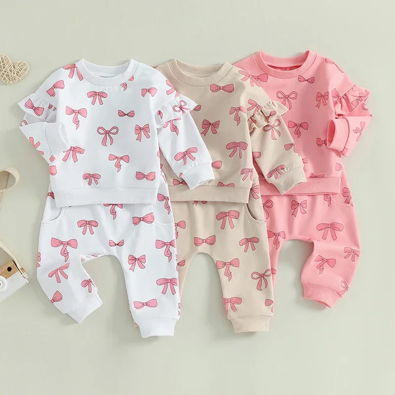 Toddler Baby Girl Clothes Long Sleeve Bow Print Ruffle Sweatshirt Pants Newborn Set Clothes 2PCS Outfits