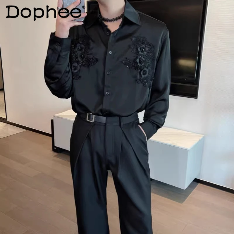 

Fashion 3D Embroidery Design Long Sleeve Shirts Men 2025 Autumn New Light Luxury Satin Tops Padded Shoulder Solid Color Shirts
