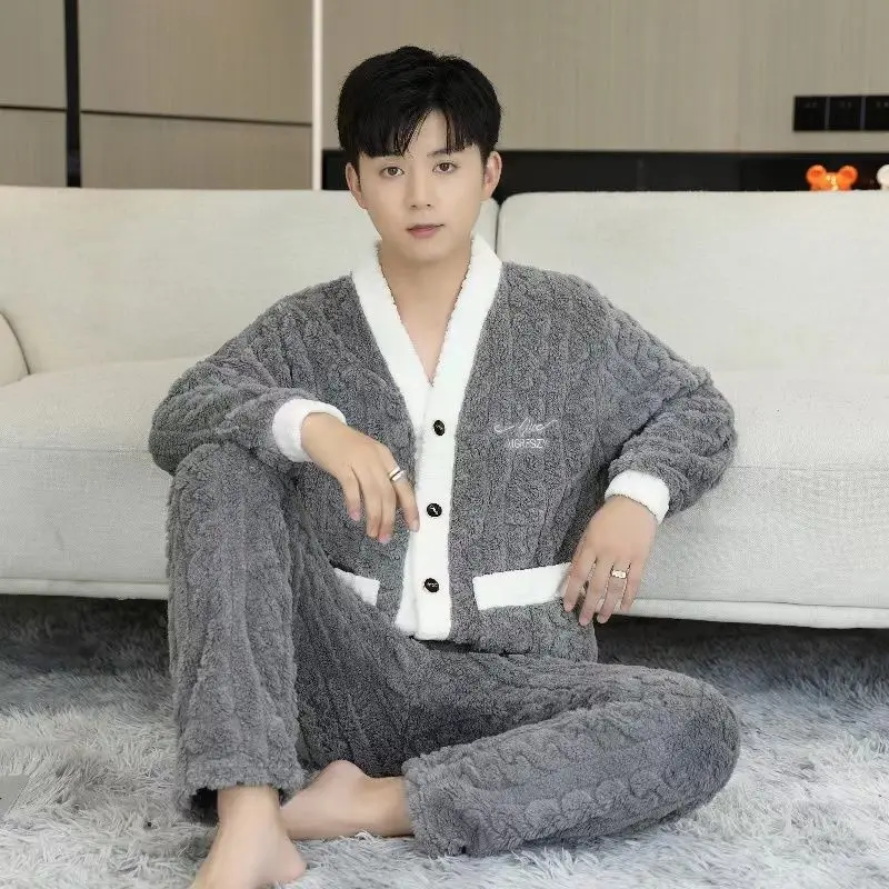 Coral Fleece Pajama Set Men Sleepwear Winter Pajamas Cardigan 2PCS Set Warm Leisure Flannel Nightwear Thickened Home Clothes