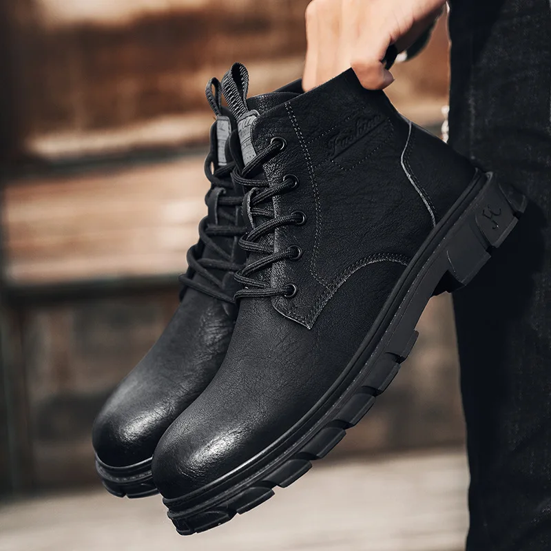 

Men's High Top Boots Fashion Motorcycle Ankle Boot Waterproof Leather Boots for Men Lace-Up Platform Boots Big Size Botas Hombre