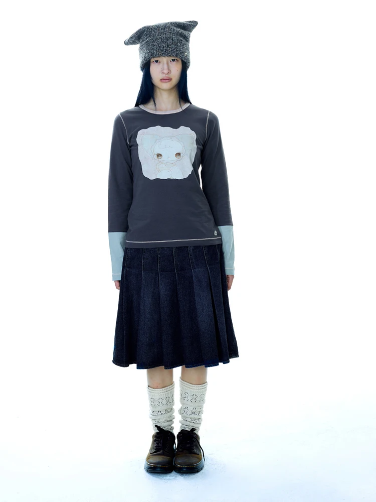 

Coyseo Denim Pleated Skirt Women's Japanese Autumn New Simple Vintage Layered Wear Mid-length Skirt