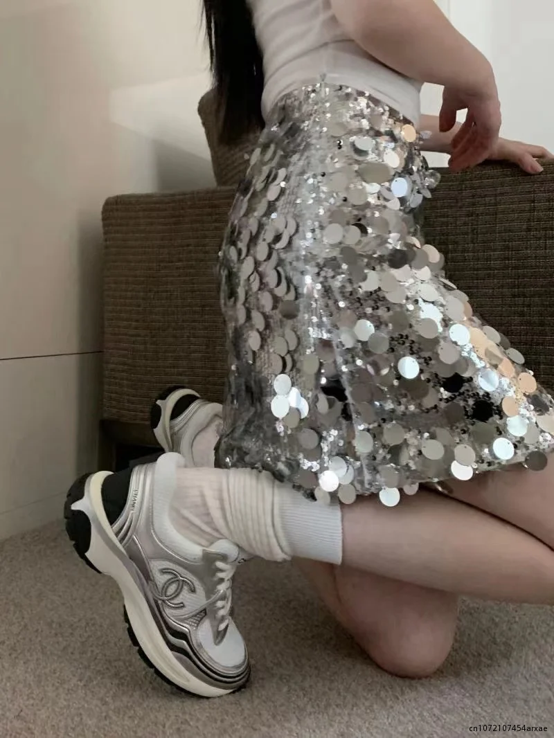 Summer Fashion Women's Skirt High Waist Spliced Sequins Mini Wrap The Buttocks Sexy Silver Skirts Spring Female 2023 New